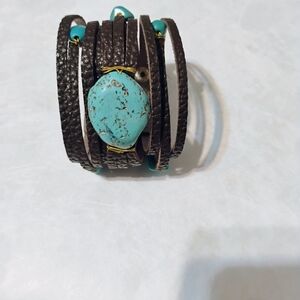 Turquoise and Brown Leather Wrap Bracelet